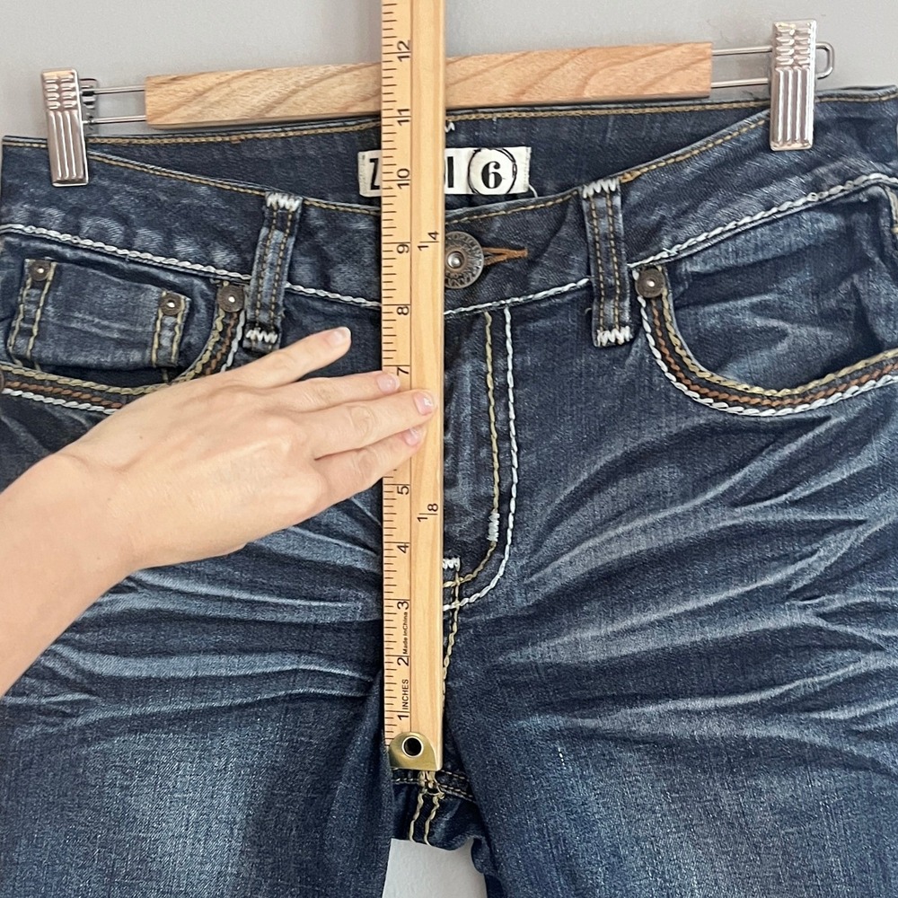 Zanadi Vintage Y2K Whiskered Crop Jeans Capris Thick Stitch Flap Pockets Denim 6 - Picture 8 of 12